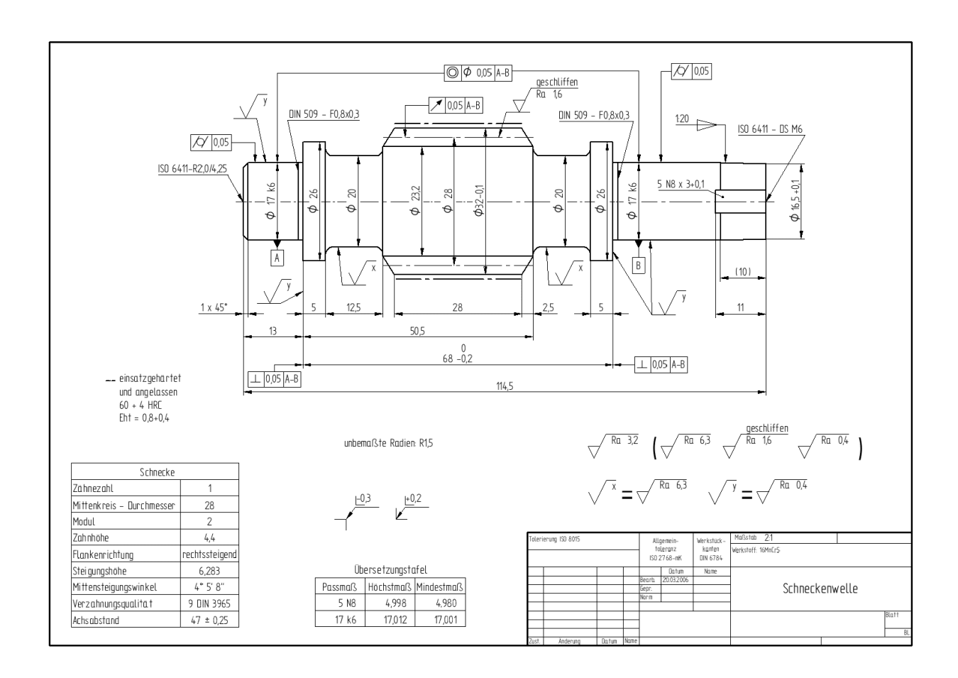 Worm-shaft technical drawing showing dimensions, tolerances, surface finish and geometric features